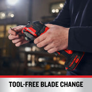 Photo of Craftsman cordless oscillating tool CMCE565B being used for tool-free blade change.