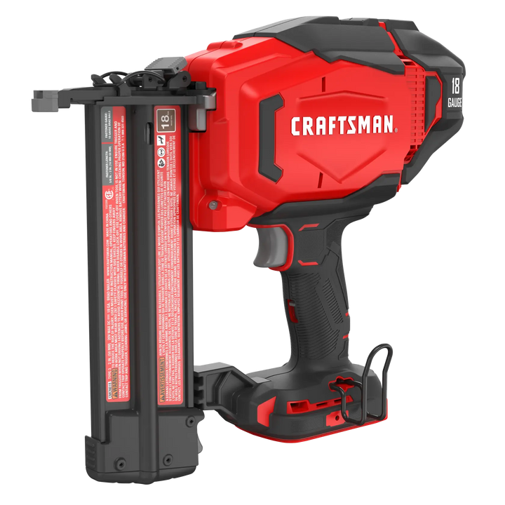 Photo of Craftsman 18 gauge cordless brad nailer, SKU CMCN618B, side angle on white background.
