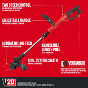 Photo of Craftsman V20 cordless string trimmer, SKU CMCST900B, shown angled left with adjustable handle and pole.