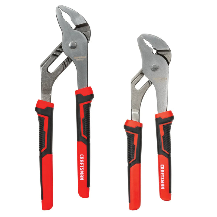 Photo of CRAFTSMAN CMHT82547 tongue and groove pliers set, two metal pliers with red and black handles, angled on white background.